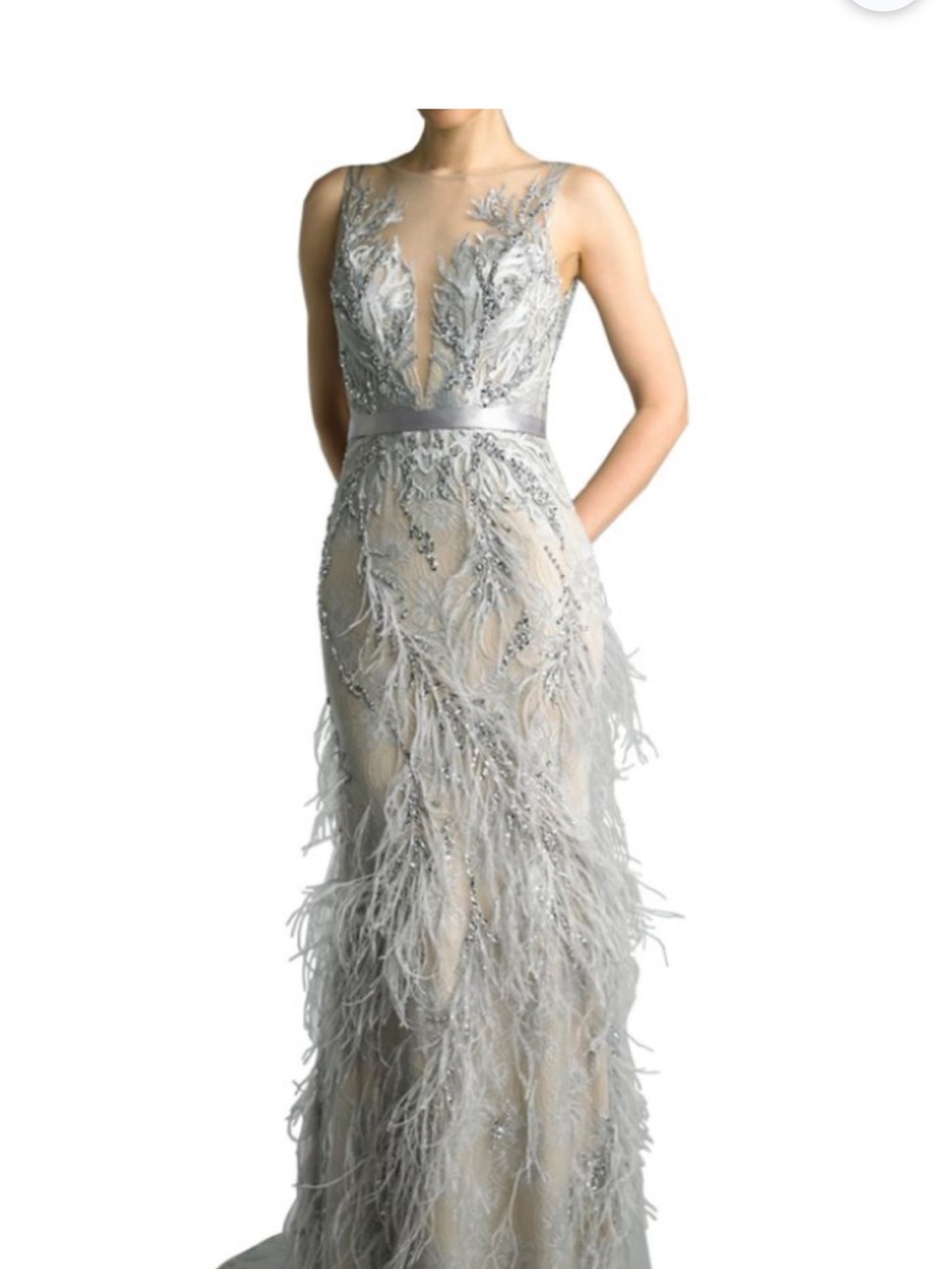 Mac Duggal Silver Feather-Embellished Plunge Evening Gown New